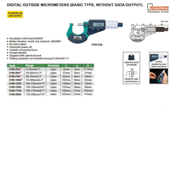 INSIZE DIGITAL OUTSIDE MICROMETER 25-50MM 3109-50A