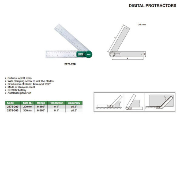 INSIZE DIGITAL PROTRACTOR AND SCALE 200MM 8" 2176-200